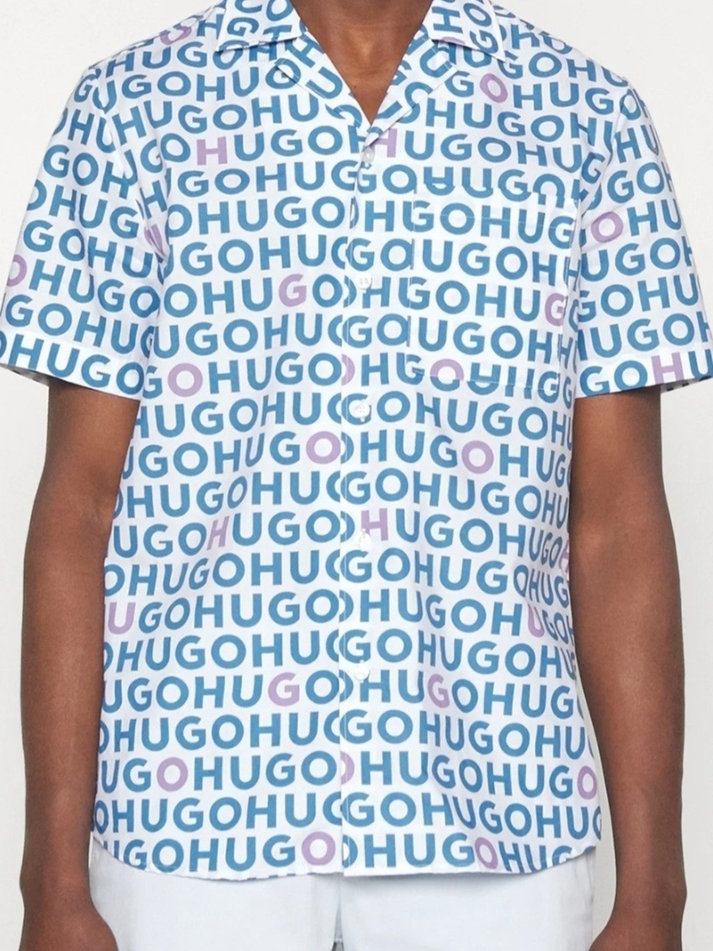 HUGO BOSS Logo-Print Short Sleeve Shirt in Blue & Lavender